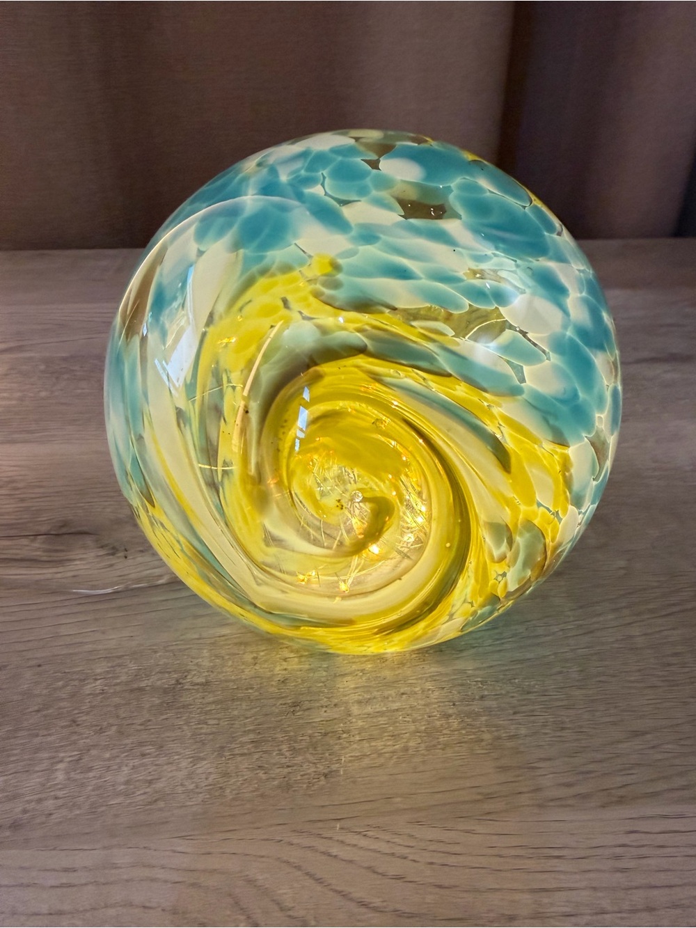 Handblown Glass Art Sphere in Blue, Yellow , Metallic Copper & White